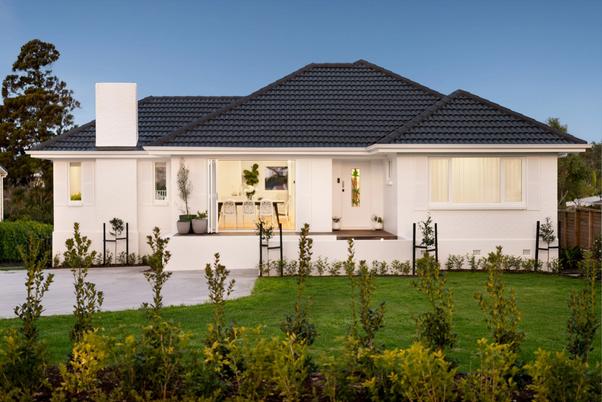 The White House at 33 Sale Street, Cockle Bay, photographed at twilight